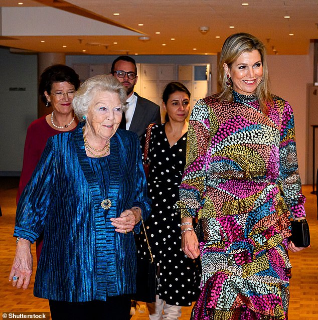 Máxima wore a multicolored midi dress from Indian-born, London-based brand Saloni, while her mother-in-law opted for a vibrant, royal blue tunic top made with glitter thread