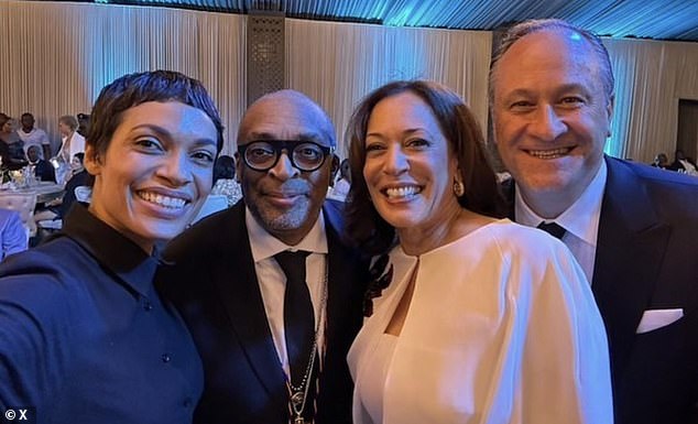 Rosario Dawson, Spike Lee, Vice President Kamala Harris and Second Gen. Douglas Emhoff at a dinner in Ghana last year