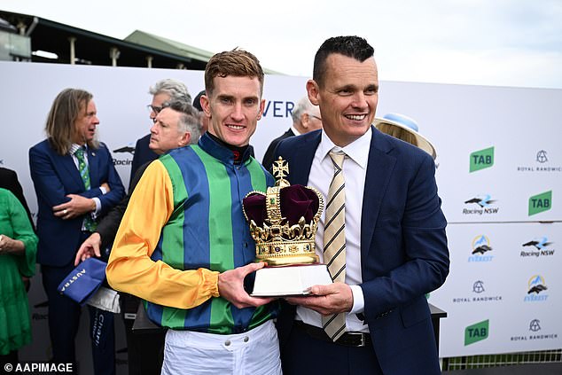 Trainer Joe Pride (right) watched jockey Chad Schofield win the King Charles III Stakes aboard his horse Ceolwulf