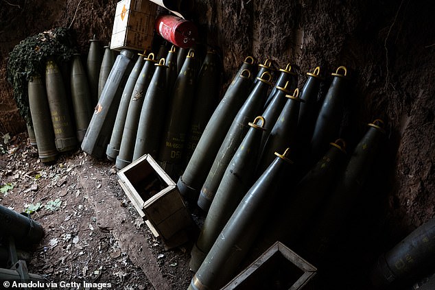 Ammunition of a Ukrainian artillery unit in Donetsk Oblast, Ukraine on October 21, 2024