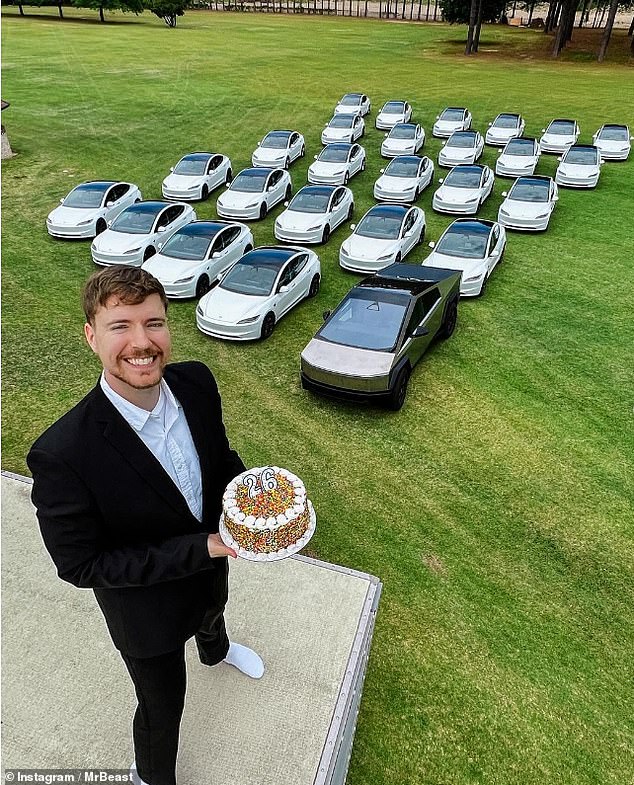 On his 26th birthday, MrBeast announced on Instagram that he was giving away six Teslas