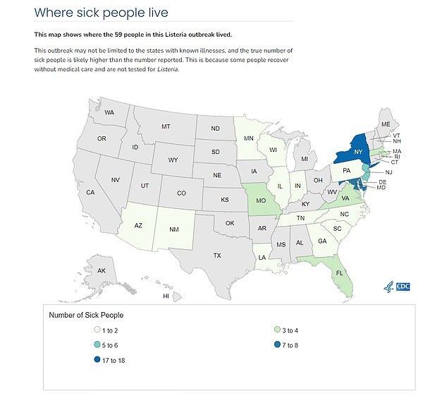 The above map shows the number of states with listeria contamination linked to Boar's Head and the number of cases in each state