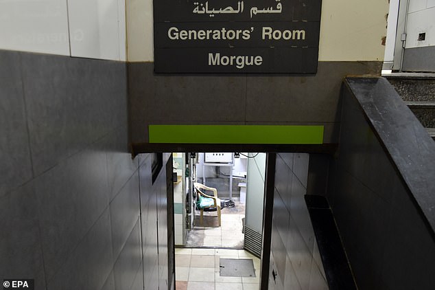 A photo shows a morgue on one of the lower floors of the hospital