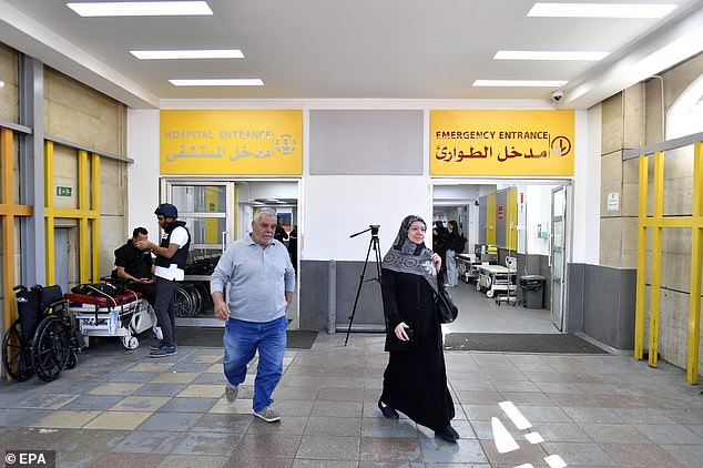 A photo taken during a press tour of the hospital shows people at the entrance