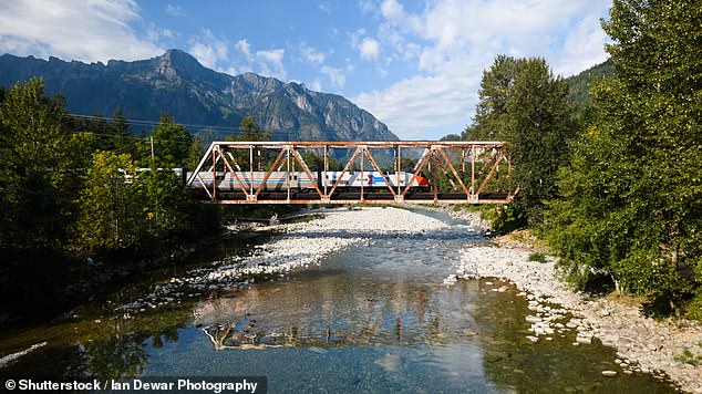 The entire route of the Empire Builder takes between 45 and 47 hours. The train is seen here crossing the North Fork Skykomish River in Washington