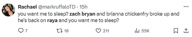 “Zach Bryan joining Raya right after breaking up with Brianna is crazy,” one X user wrote