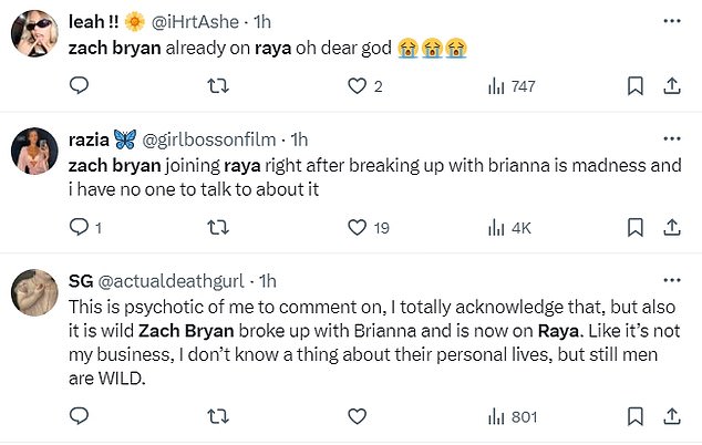 “It's wild that Zach Bryan broke up with Brianna and is now on Raya. Like it's none of my business, I don't know anything about their personal lives, yet men are WILD,” a second tweeted.