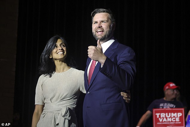 Vance with her husband at a rally in his hometown of Middletown, Ohio on July 22, just after he was named Donald Trump's running mate at the Republican National Convention