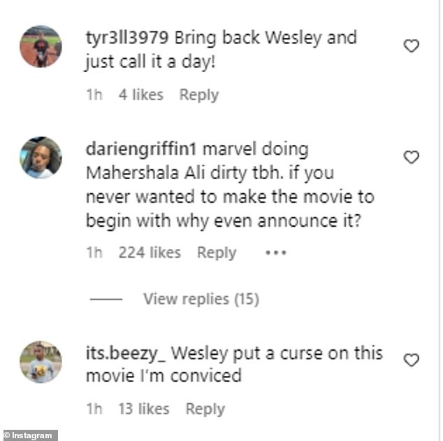 Reaction to Tuesday's news was swift, with fans demanding Snipes' return to the 'cursed' film and accusing Marvel of 'dirtying Mahershala Ali'