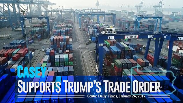 Casey's ad features a headline from a local newspaper linking him to Trump's trade policies