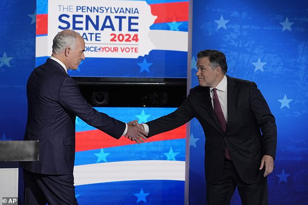 Pennsylvania Senate candidates, Republican David McCormick, right, and Pennsylvania Senate candidate, Sen. Bob Casey, D-Pa., meet before a debate in the WPVI-TV studio, Tuesday, Oct. 15