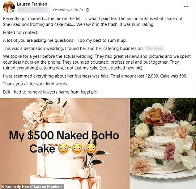 Since the wedding, Franken has shared a photo of the cake on social media, showing off what she wanted versus what she got