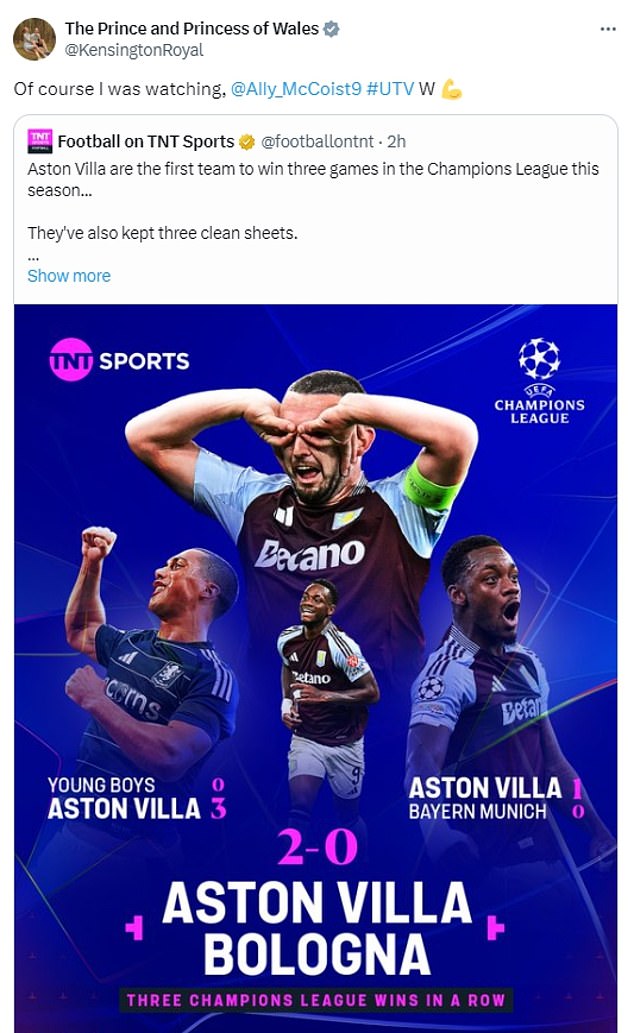 Prince William was in a festive mood last night after Aston Villa won the Champions League for the third time in a row. He tweeted McCoist from the Kensington Royal X account