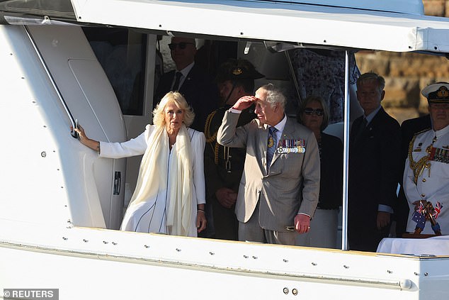 Camilla's choice of footwear seemed to prevail, with the Queen leaning on the side of a boat for support during the Fleet Review.