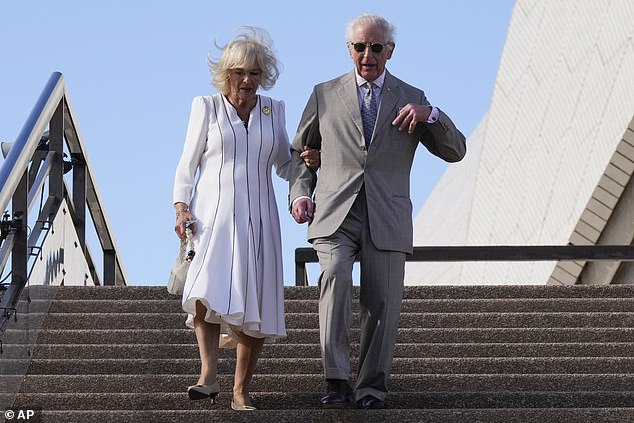 Earlier, Camilla grabbed the King's arm for support as the couple walked down the steps of the Sydney Opera House