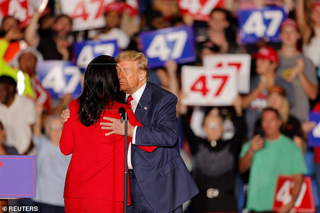 Trump introduced Gabbard at the end of his nearly two-hour speech in which he discussed Elon Musk's rockets and suggested Kamala Harris used drugs during her 60 Minutes interview, which he claims was edited.