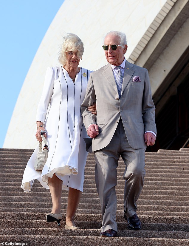 The King stretched out his arm for the Queen to hold as they walked down the steep stairs to the loud cheers of the excited crowd