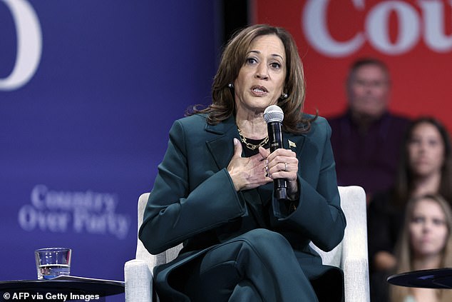 Vice President and Democratic presidential candidate Kamala Harris speaks during a moderate conversation