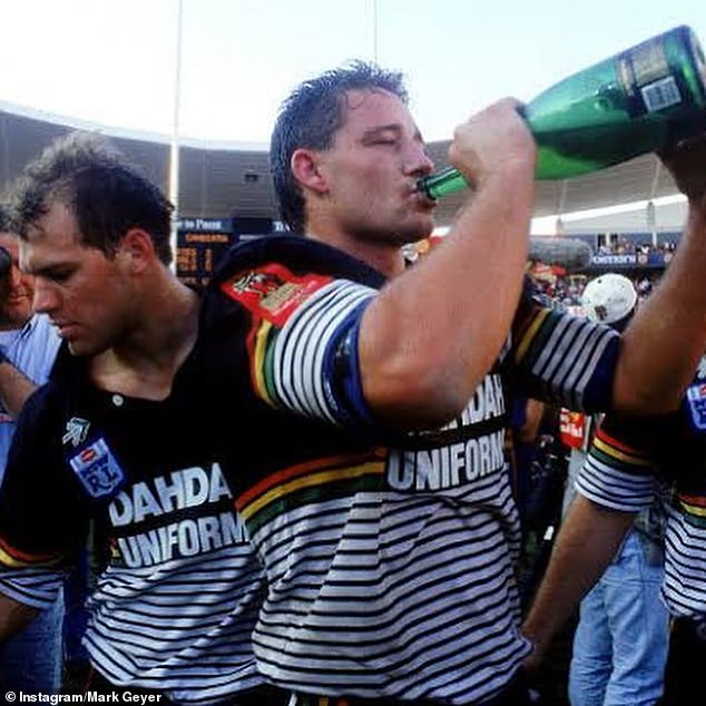 Geyer (pictured celebrating after Penrith's 1991 grand final win) also revealed the monarch's hands are so big his mitts 'felt like a junior burger in a Big Mac'