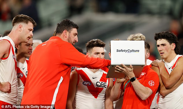 AI will soon be able to provide information accurate enough to bypass the 'eye test' that coaches use to make tactical changes (Photo: Swans players being coached during a stoppage in play in the 2024 season)