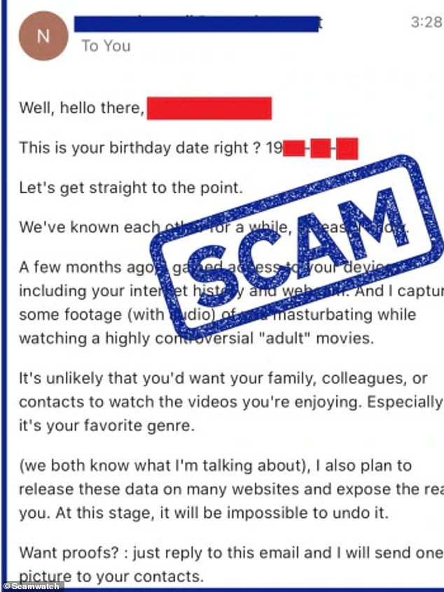 The scammer threatens to release the images or videos to friends and family if they do not receive a certain amount of cryptocurrency to a certain address. Example of scam text