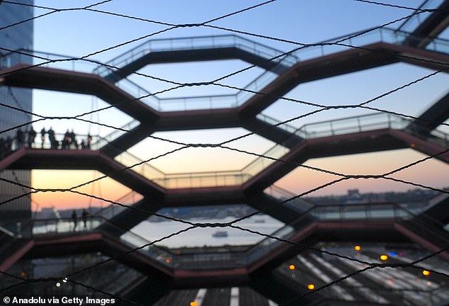 The flexible mesh allows visitors to extend their phone, but not their body, to get a view of the sculpture's interior and the surrounding cityscape