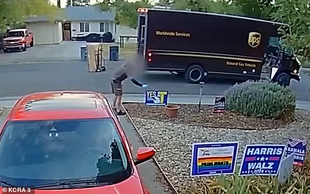 The UPS driver could be seen placing about a dozen small Trump flags in the woman's yard