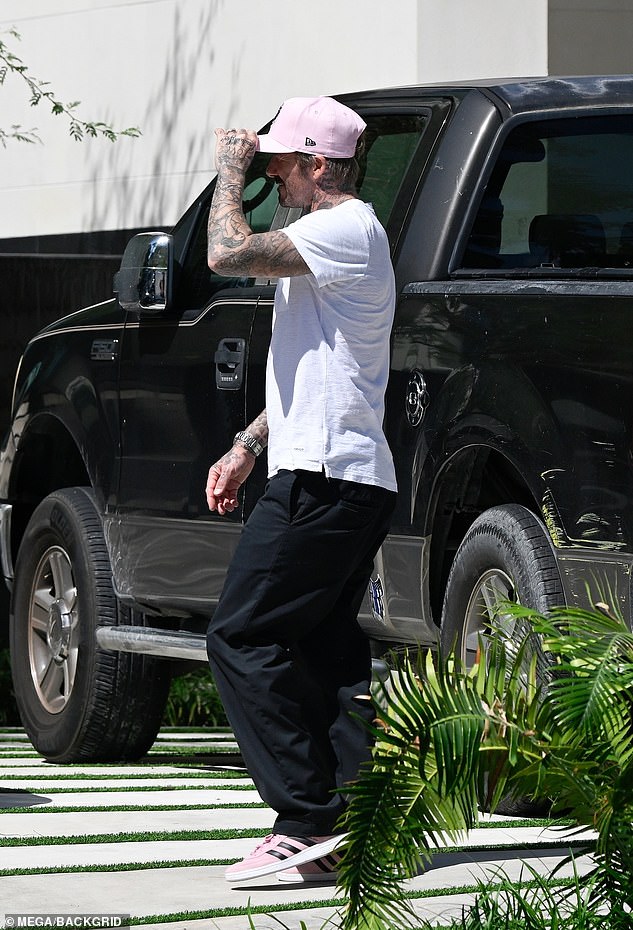 Beckham wears Adidas 'Originals x Lionel Messi Samba' sneakers named after the Miami player