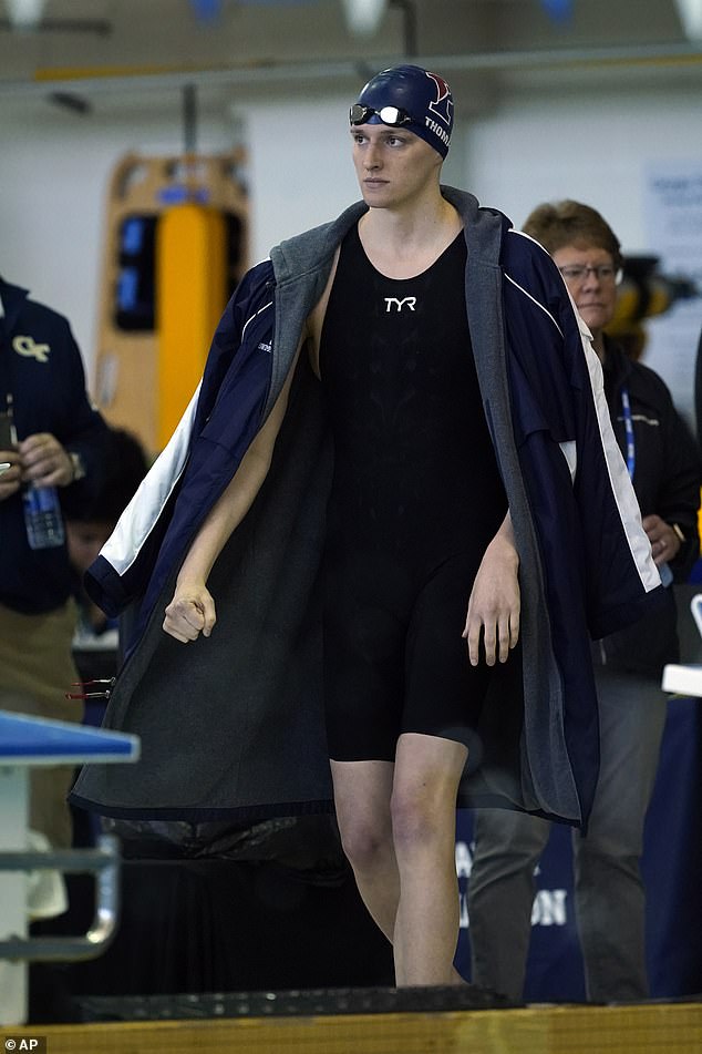 Transgender athlete Lia Thomas of the University of Pennsylvania waits for a preliminary heat of the 500-meter freestyle at the NCAA Swimming and Diving Championships Thursday, March 17, 2022, at Georgia Tech in Atlanta