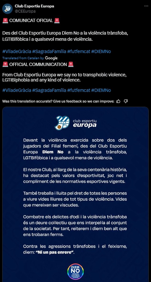 Europe hit back, writing: 'We say no to transphobic and LGBT-phobic violence and to all forms of violence'