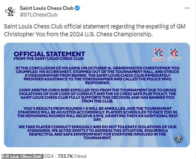 The St. Louis Chess Club has since released a statement on the incident, saying Yoo has been banned from the event