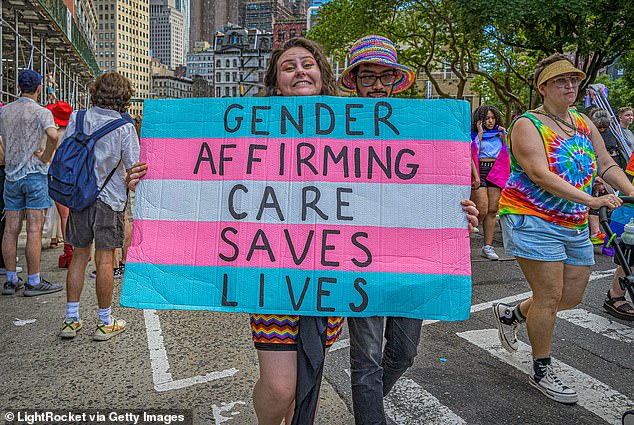 An activist holds a sign in the Trans Flag colors in support of gender-affirming care during the Queer Liberation March in New York City last year