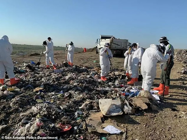 Bexar County sheriff's deputies wore hazmat suits and bright orange boots as they dug through the landfill near San Antonio.