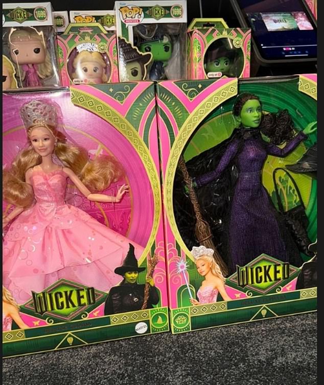 In another video in her home theater room, Kim showed off a selection of 'Wicked'-inspired Barbie dolls for 'all the kids' and said: 'Alright guys, we have a special screening of Wicked tonight'