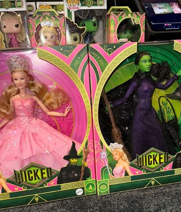 In another video in her home theater room, Kim showed off a selection of 'Wicked'-inspired Barbie dolls for 'all the kids' and said: 'Alright guys, we have a special screening of Wicked tonight'