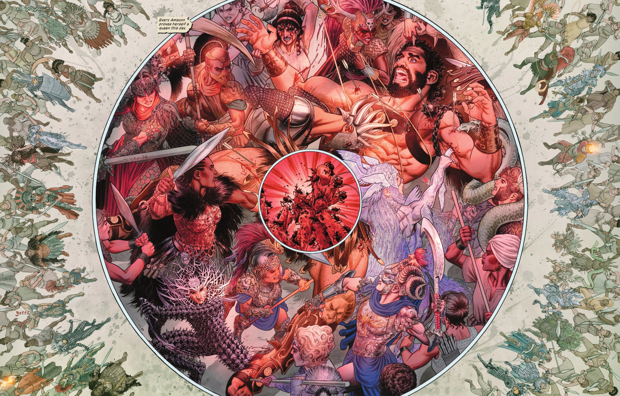 A series of concentric circles depict the Amazons tearing Hercules limb by limb. An outer circle of standing Amazons, a large inner circle of angry Amazons stabbing, cutting, and punching him as he screams, and a small center circle of ants overwhelming a praying mantis in Wonder Woman Historia: The Amazons #3. 