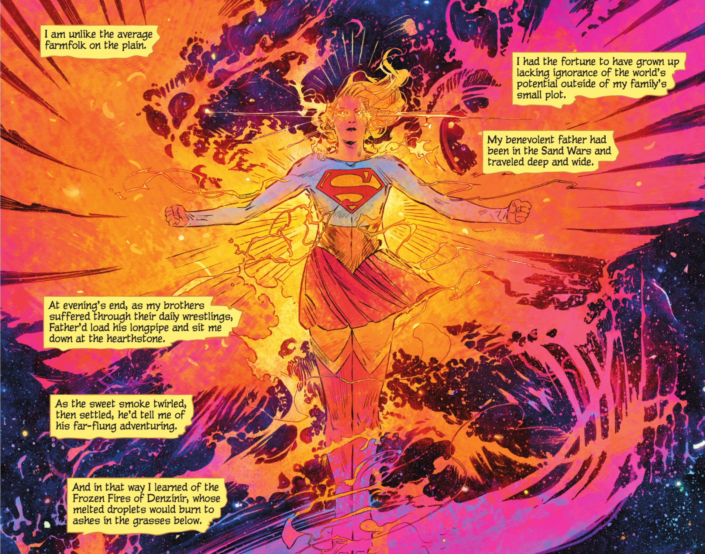 Supergirl floats in space, arms bent, wreathed in magenta, orange and yellow flames shaped like phoenix wings, while fire glows from her eyes like stars in Supergirl: Woman of Tomorrow #2 (2021).