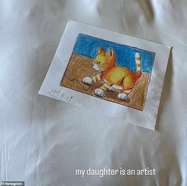 She then shared an additional drawing from Stormi of a cat and typed: 'My daughter is an artist'