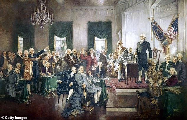 The signing of the Constitution of the United States, with George Washington, Benjamin Franklin and Thomas Jefferson at the Constitutional Convention of 1787; oil painting on canvas by Howard Chandler Christy, 1940. The painting measures 20 feet by 30 feet and hangs in the United States Capitol.