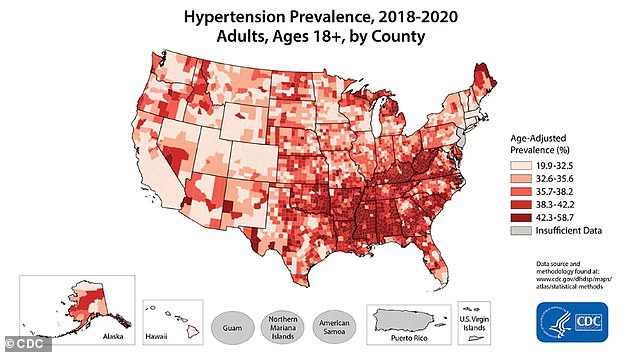 The above map shows the prevalence of hypertension in counties across the US