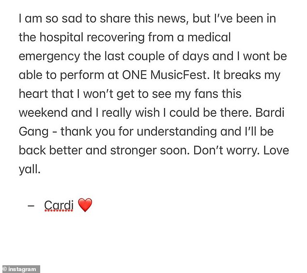 1729718067 293 Cardi B cancels festival appearance due to medical emergency after