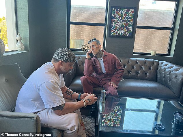 But the heavily tattooed 51-year-old dentist (L, pictured in 2022) – whose other clients include Travis Barker (R) and Post Malone – later clarified to Complex: “He didn't have his teeth removed. He still has full teeth. Healthy and happy'