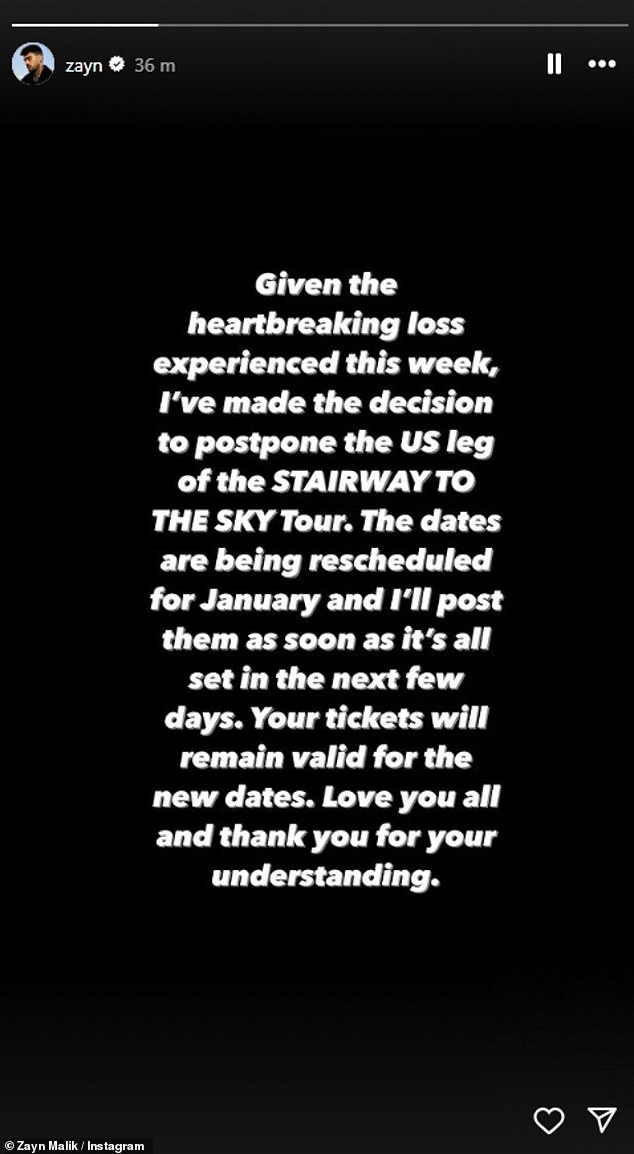 Zayn, 31, was set to kick off his first-ever solo tour in San Francisco a week later on October 23, but took to his Instagram to tell fans he would be rescheduling the US dates.