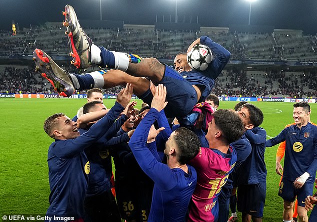 The former Leeds winger was carried by his teammates after collecting the match ball