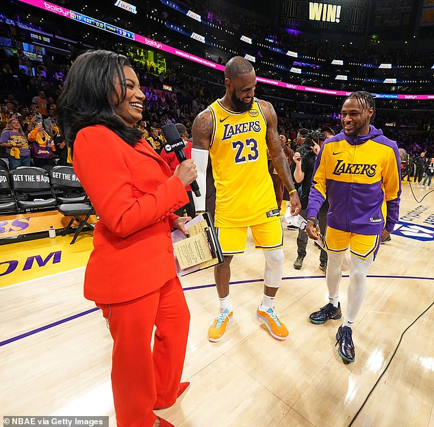 TNT's Taylor Rooks shares a laugh with LeBron and Bronny James after the rookie's NBA debut