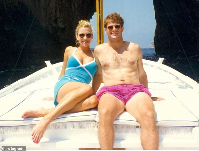 The couple sits on a boat, with Tavia wearing a turquoise blue one-piece swimsuit and a matching skirt. She looks almost identical to her two heiress daughters