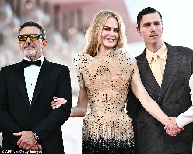 While Harris plays her lover, Antonio Banderas, 64, stars as her husband; Nicole pictured with Antonio (left) and Harris (right) at the Venice Film Festival premiere in August