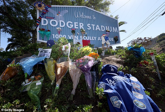 Tributes left for late Dodgers pitcher Fernando Valenzuela outside Dodger Stadium