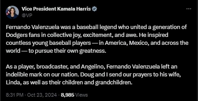 Harris noted Valenzuela's impact in the US, Mexico and 'around the world'