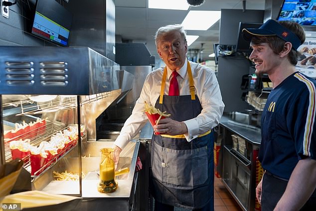 Donald Trump, pictured serving fries at Pennsylvania McDonald's this weekend, has consistently said that Kamala's story about working at the fast food restaurant is: